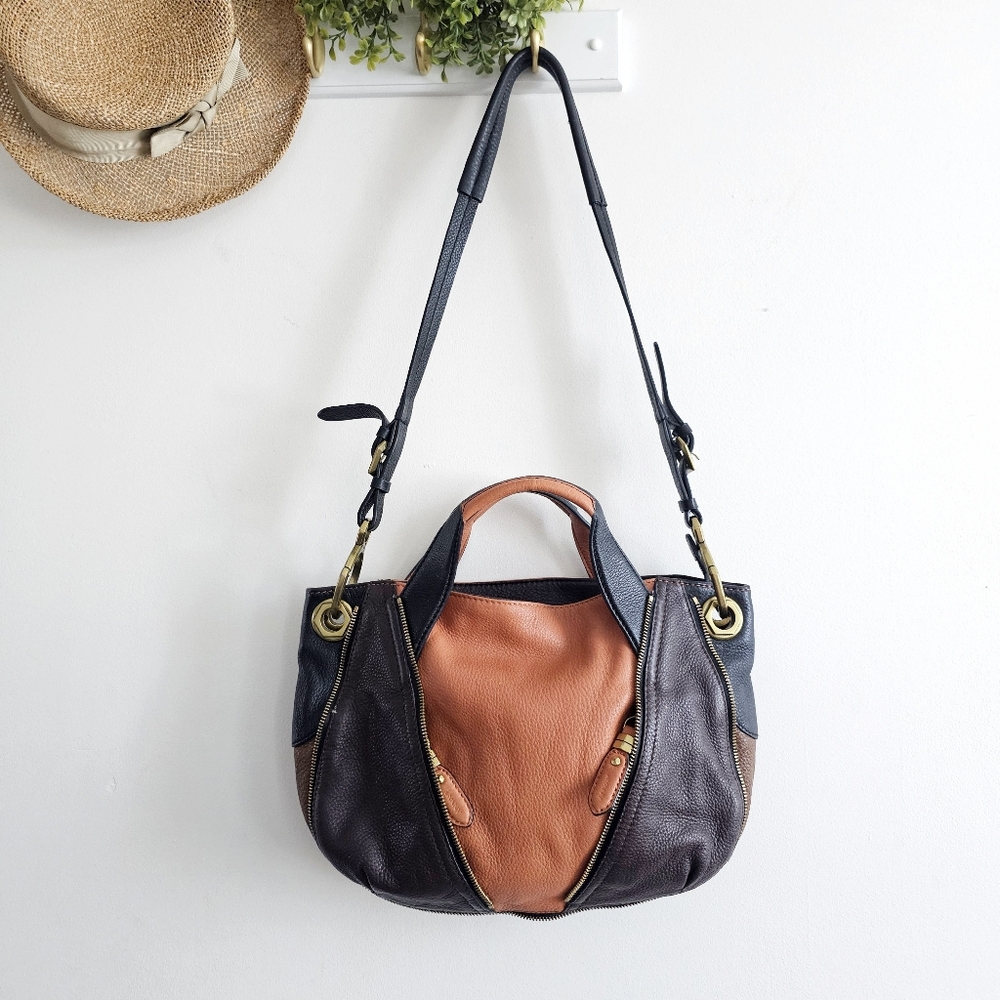 OrYANY Genuine Leather Colorblock Crossbody Satchel 2-Way Handbag Brown Black